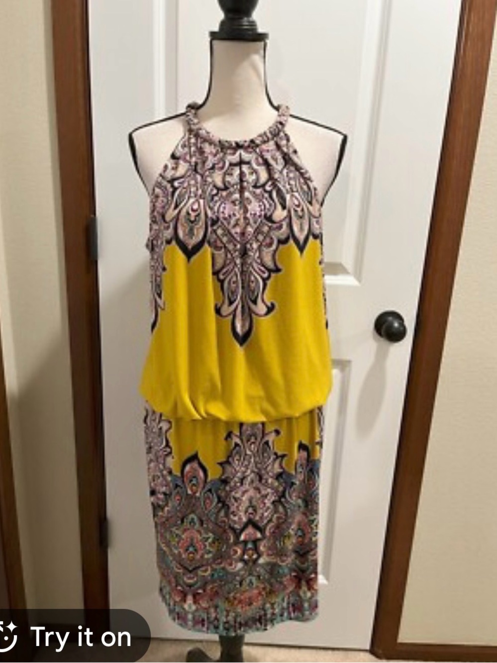 London Times Yellow Paisley-Trim Halter Dress